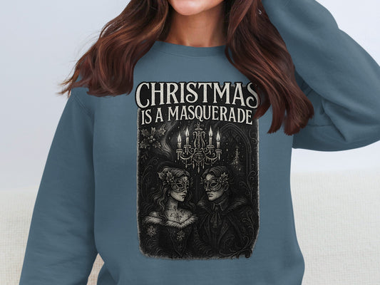 Indigo blue Christmas Is a Masquerade sweatshirt featuring gothic masked couple and chandelier design by The Print Harbour