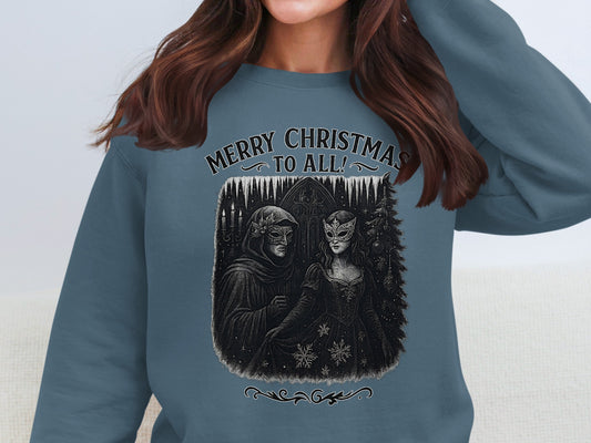 Indigo Blue sweatshirt gothic Christmas masquerade figures intricate winter artwork & dark festive theme by The Print Harbour