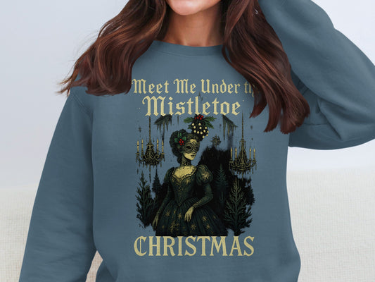 Indigo blue gothic Mistletoe Christmas sweatshirt with romantic vintage style, perfect for dark festive outfits.