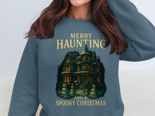 Indigo blue Merry Haunting Christmas sweatshirt with spooky haunted house artwork, festive jumper by The Print Harbour