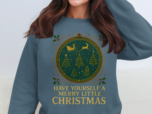 Indigo blue Christmas jumper with golden ornament and pine trees, cosy festive winter style by The Print Harbour