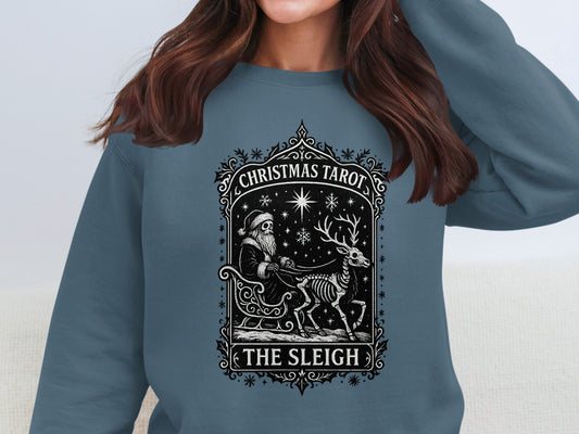 Indigo Blue Tarot sleigh Christmas sweatshirt with mystical gothic reindeer artwork, by The Print Harbour