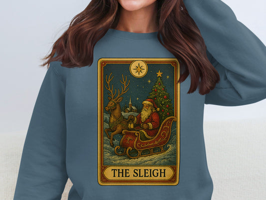 Indigo blue vintage Santa sleigh Christmas sweatshirt, classic festive reindeer fleece jumper UK unisex by The Print Harbour