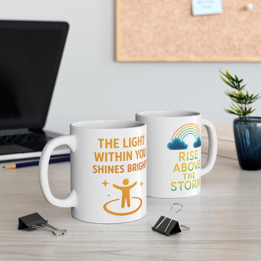 Motivational ceramic mug displaying the rise above the storm quote with rainbow artwork, by The Print Harbour