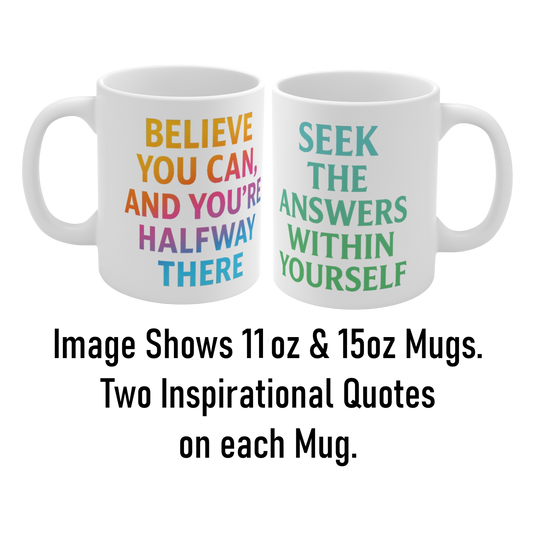 Front and back view of inspirational mug featuring two motivational quotes in colourful typography by The Print Harbour