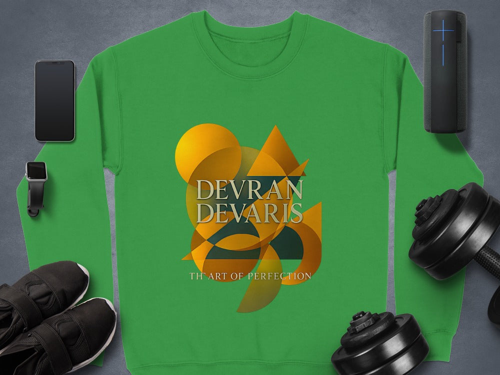 Irish Green — Devran Devaris “Art of Perfection” gold geometric design on Irish green unisex sweatshirt, stylish everyday streetwear.