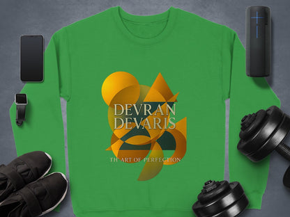 Irish Green — Devran Devaris “Art of Perfection” gold geometric design on Irish green unisex sweatshirt, stylish everyday streetwear.