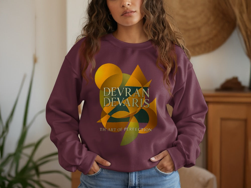 Maroon — Devran Devaris luxury streetwear jumper with gold geometric artwork, soft unisex crewneck, The Art of Perfection design.