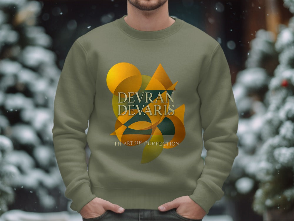 Military Green — Geometric gold Devran Devaris artwork on military green unisex sweatshirt, relaxed fit crewneck, UK streetwear.
