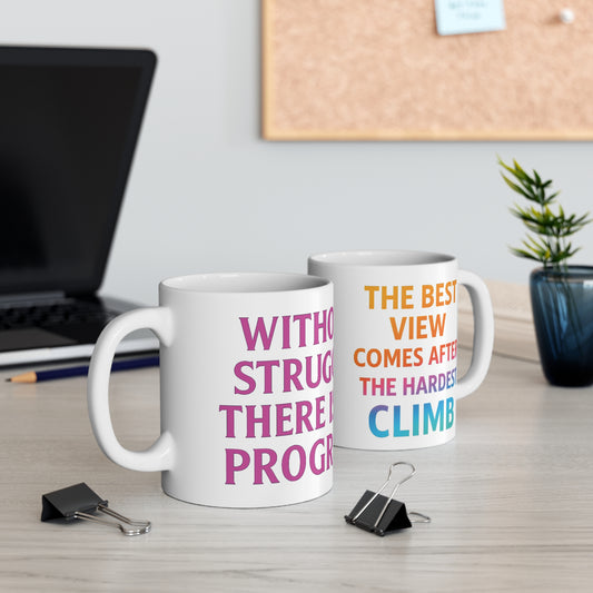 Dual-sided motivational ceramic mugs with progress and climb quotes on a desk, by The Print Harbour
