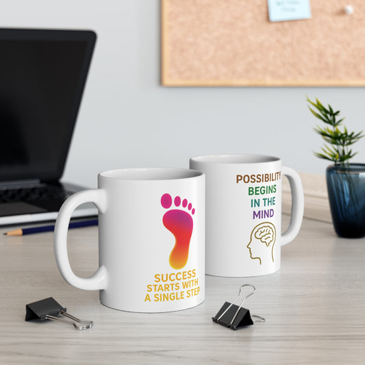 Inspirational footprint and mindset quotes on ceramic mugs displayed on a work desk, perfect UK gift set by The Print Harbour