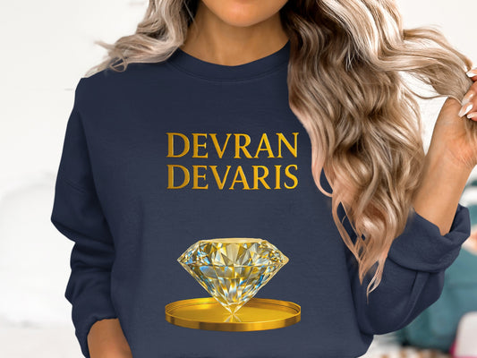 Navy Devran Devaris sweatshirt, metallic gold print design, soft heavy blend crewneck, unisex luxury streetwear UK made.