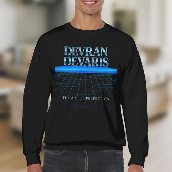 Video lookbook: Devran Devaris retro grid sweatshirt in Dark Heather, White, Black, Irish Green, Royal Blue, Maroon and Red. Unisex crewneck, premium fleece, metallic logo with blue horizon grid; close-ups, fit checks and movement shots.