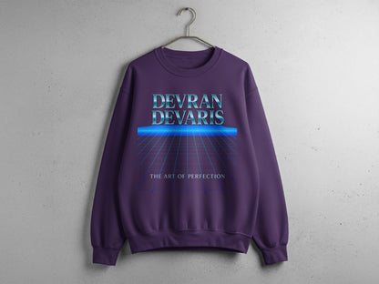 Purple — Devran Devaris retro sci-fi grid artwork on purple sweatshirt, unisex jumper, soft fleece comfort, premium graphic streetwear aesthetic.