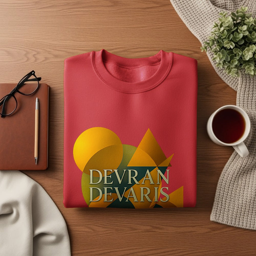 Red — Bold red Devran Devaris graphic crewneck with layered gold shapes, unisex jumper, statement streetwear, premium quality.