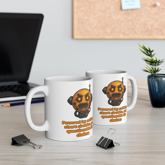 Funny robot coffee mug on office desk with angry robot design and slogan, perfect UK gift by The Print Harbour