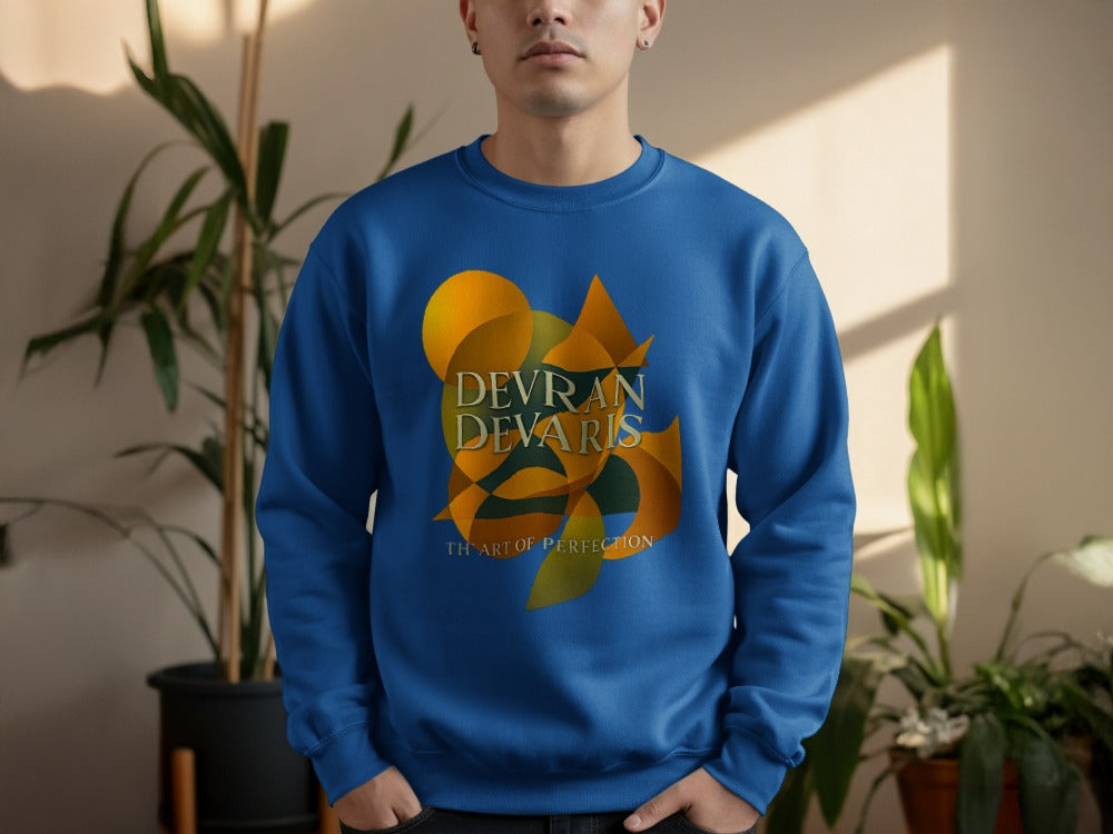 Royal Blue — Contemporary Devran Devaris gold abstract print on royal blue unisex crewneck jumper, premium graphic apparel.