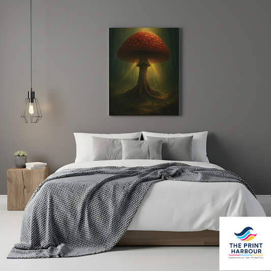 The Print Harbour mushroom canvas art in modern bedroom, glowing forest wall décor with warm lighting