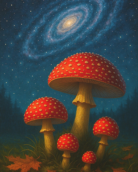 Enchanted forest mushroom canvas with galaxy sky, rich colours and twilight ambience by The Print Harbour
