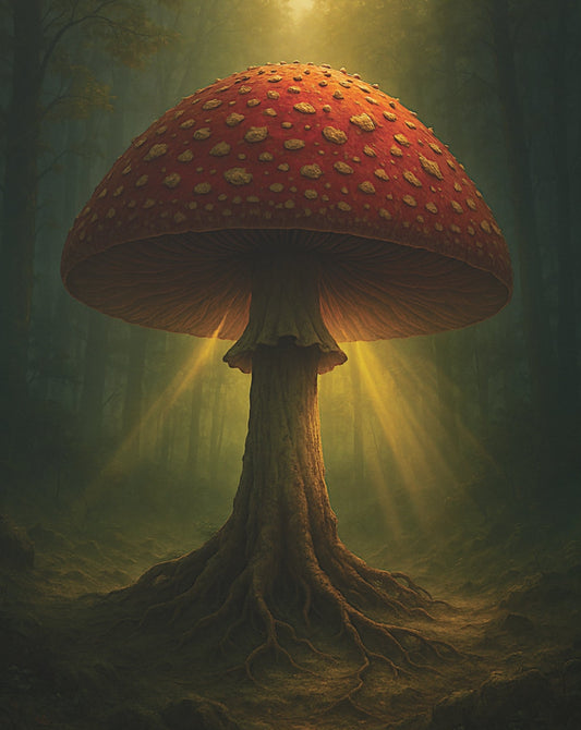 The Print Harbour glowing fly agaric mushroom artwork, botanical forest canvas with warm illumination