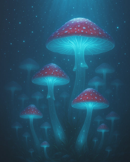 The Print Harbour close-up glowing mushroom canvas art, bioluminescent fantasy design with deep blue forest tones UK