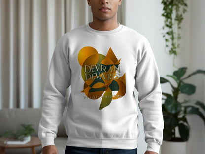 White — Minimal Devran Devaris abstract gold motif on white unisex sweatshirt, premium fleece crewneck, modern graphic fashion.